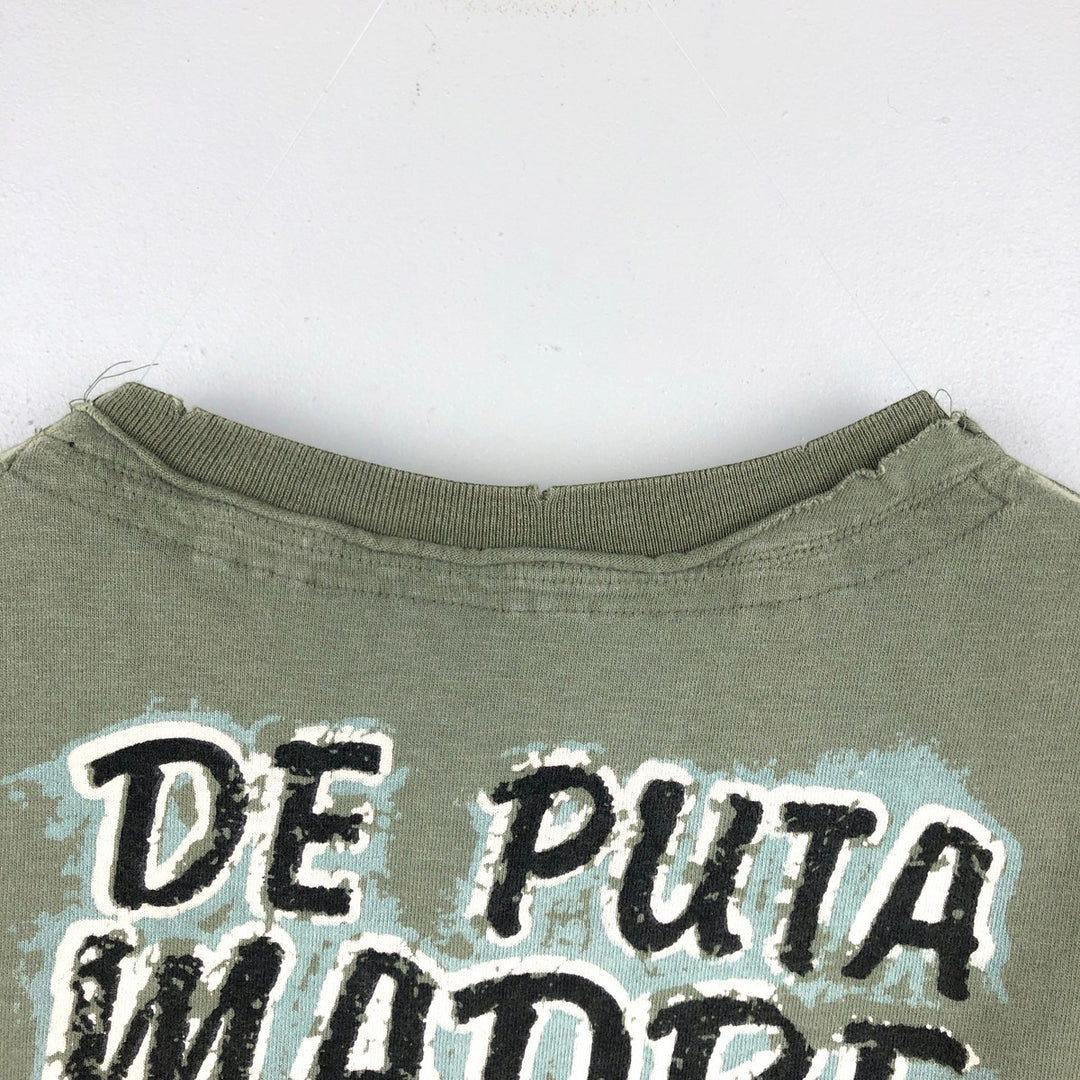 DE PUTA MADRE 69 Pin-up Girl Long-Sleeve T-Shirt (Women's Size M) cotton Khaki type sage green Vintage Second Hand