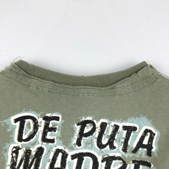 DE PUTA MADRE 69 Pin-up Girl Long-Sleeve T-Shirt (Women's Size M) cotton Khaki type sage green Vintage Second Hand