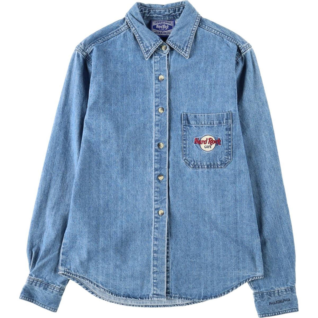 90s-era Hard Rock Cafe advertising long-sleeved denim shirt, women's size M equivalent. cotton blue type Vintage Second Hand