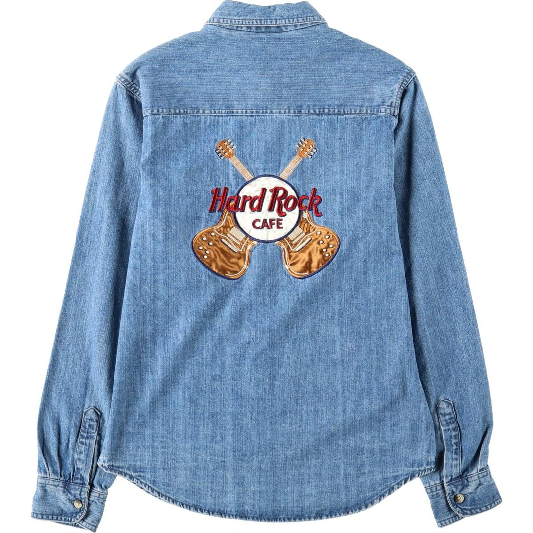 90s-era Hard Rock Cafe advertising long-sleeved denim shirt, women's size M equivalent. cotton blue type Vintage Second Hand