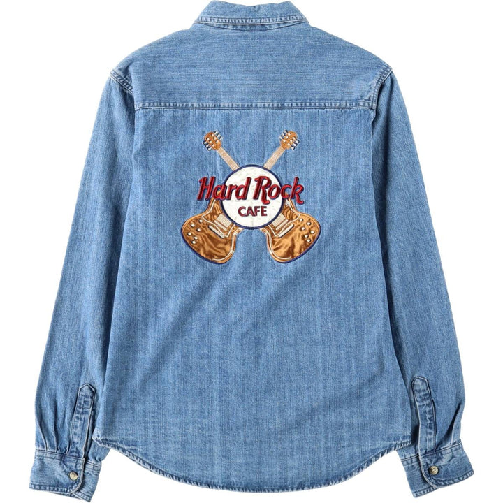 90s-era Hard Rock Cafe advertising long-sleeved denim shirt, women's size M equivalent. cotton blue type Vintage Second Hand