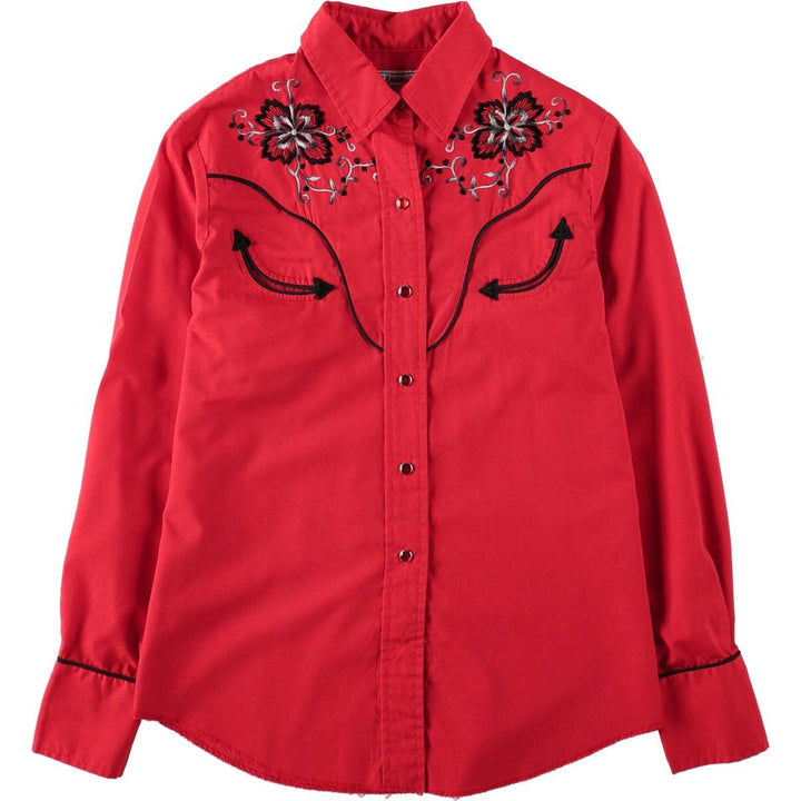 1970'S H BAR C Floral Print Long-Sleeve Western Shirt, Made in USA, Women's Size M (approx.), Vintage polyester red type Vintage Second Hand
