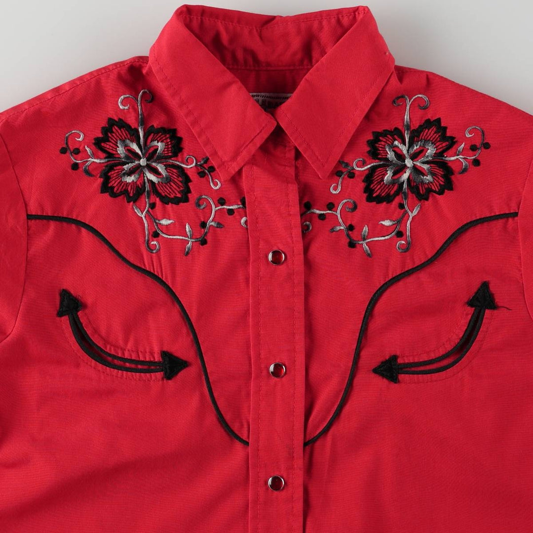 1970'S H BAR C Floral Print Long-Sleeve Western Shirt, Made in USA, Women's Size M (approx.), Vintage polyester red type Vintage Second Hand