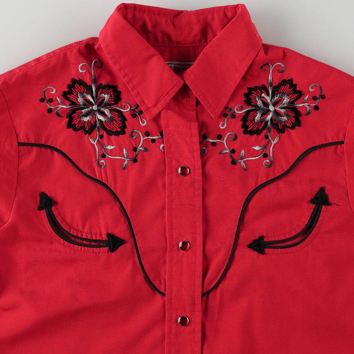 1970'S H BAR C Floral Print Long-Sleeve Western Shirt, Made in USA, Women's Size M (approx.), Vintage polyester red type Vintage Second Hand