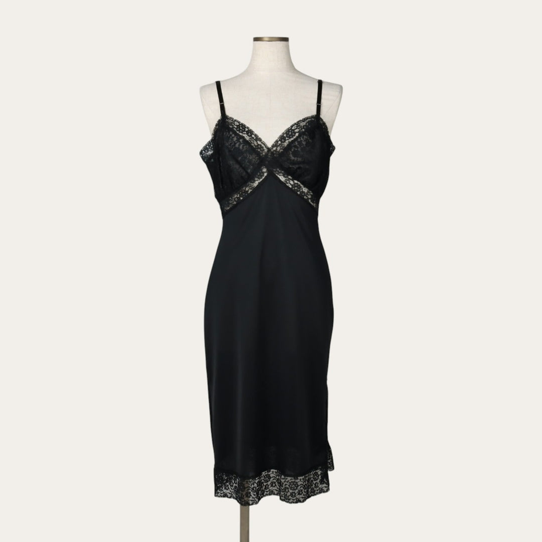1960s-1970'S Van Raalte Midi-Length Lingerie Camisole Dress, Made in USA, Women's Size S (Equivalent), Vintage Nylon black type Vintage Second Hand