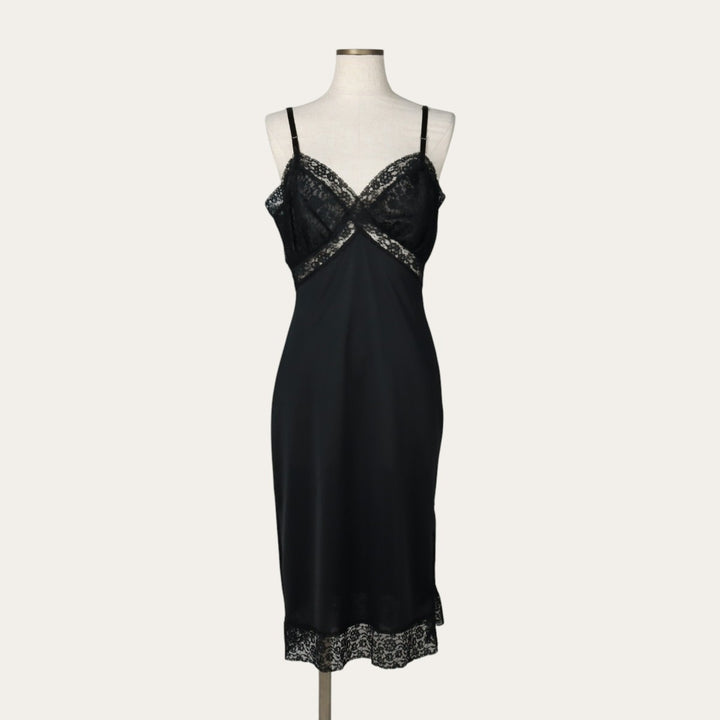 1960s-1970'S Van Raalte Midi-Length Lingerie Camisole Dress, Made in USA, Women's Size S (Equivalent), Vintage Nylon black type Vintage Second Hand