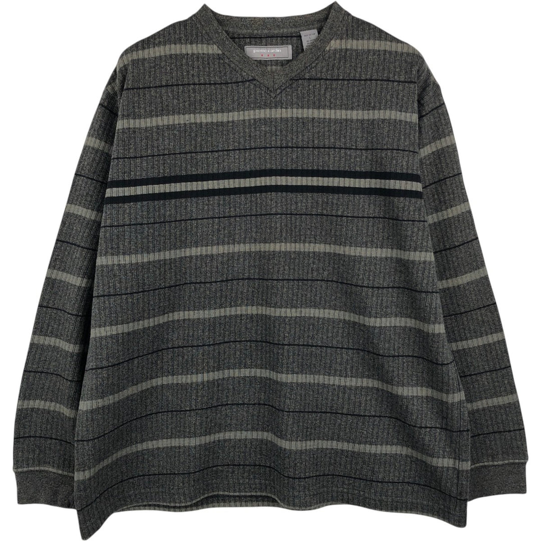 Pierre Cardin striped V-neck long-sleeved T-shirt, made in India, men's size L equivalent. cotton black type Vintage Second Hand