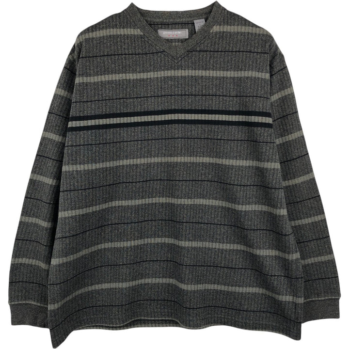 Pierre Cardin striped V-neck long-sleeved T-shirt, made in India, men's size L equivalent. cotton black type Vintage Second Hand