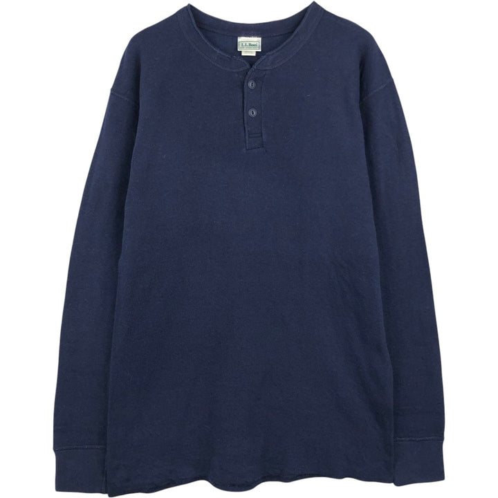 90'S LL Bean Henley Neck Long Sleeve T-Shirt, Made in USA, Men's Size M (approx.), Vintage Long Sleeve cotton navy blue type Vintage Second Hand
