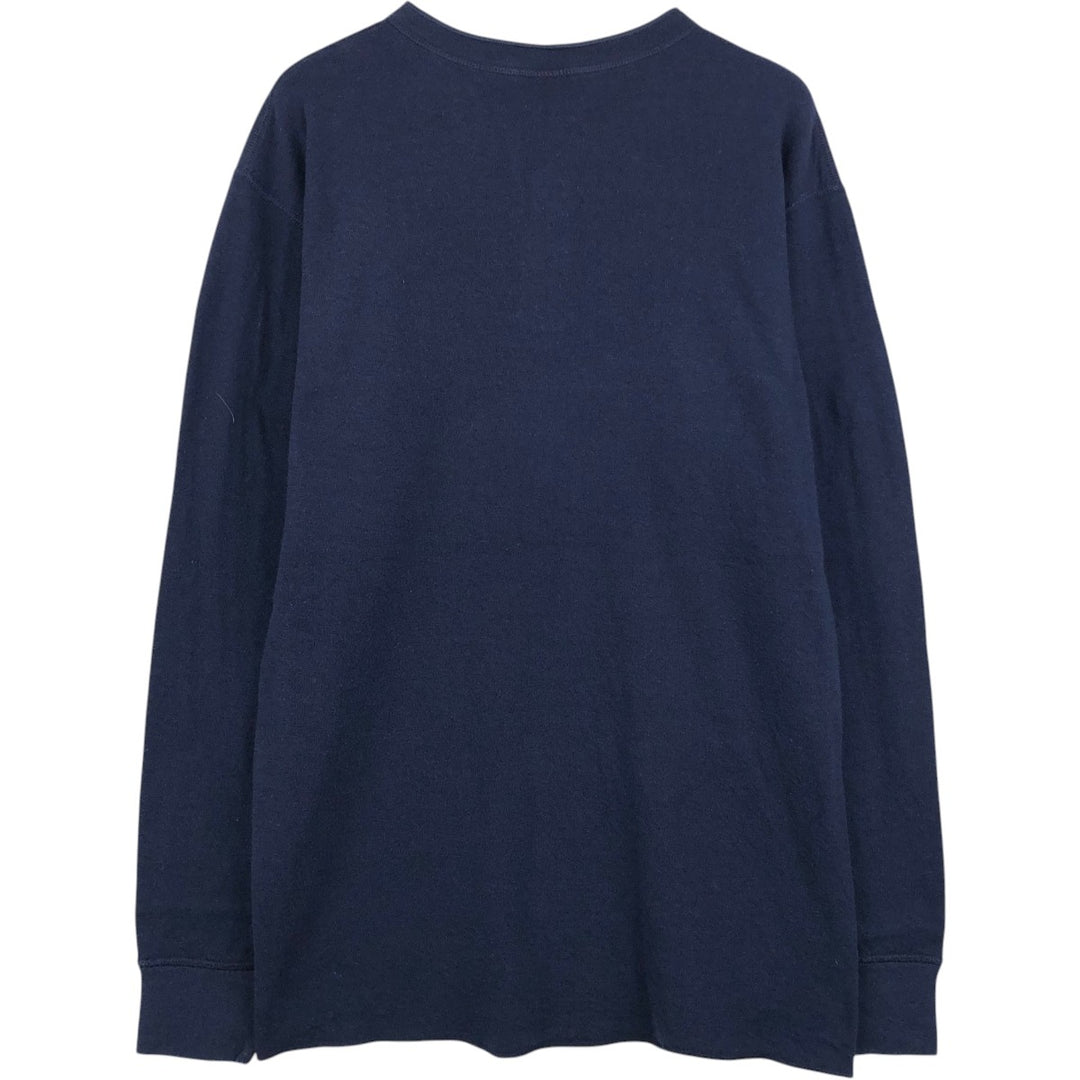 90'S LL Bean Henley Neck Long Sleeve T-Shirt, Made in USA, Men's Size M (approx.), Vintage Long Sleeve cotton navy blue type Vintage Second Hand