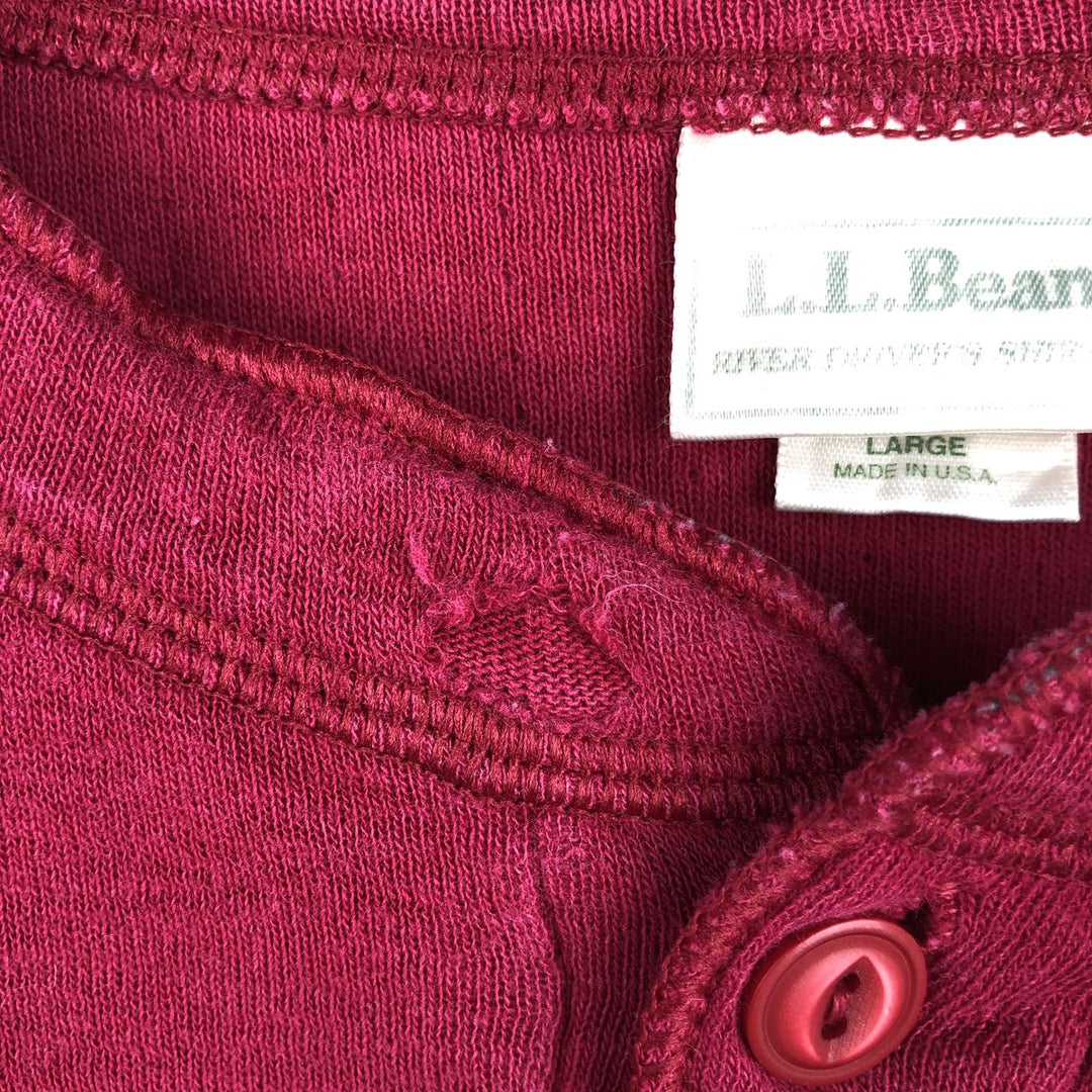 LLBean Henley Neck Long-Sleeve T-Shirt, Made in USA, Men's Size L (approx.) cotton red type Vintage Second Hand