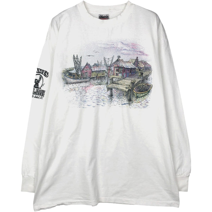 90'S ONEITA POWER-T Advertising Long-Sleeve T-Shirt, Made in USA, Men's XL Equivalent, Vintage cotton white type Vintage Second Hand