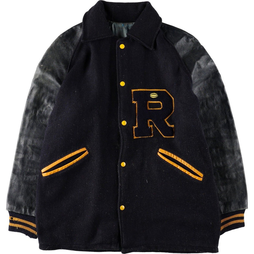 1950s-1960'S R. Sherman Collared Leather Sleeve Wool Button Varsity Jacket (Men's Size L) Vintage unclear black type Vintage Second Hand