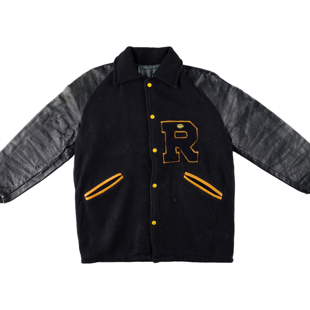 1950s-1960'S R. Sherman Collared Leather Sleeve Wool Button Varsity Jacket (Men's Size L) Vintage unclear black type Vintage Second Hand