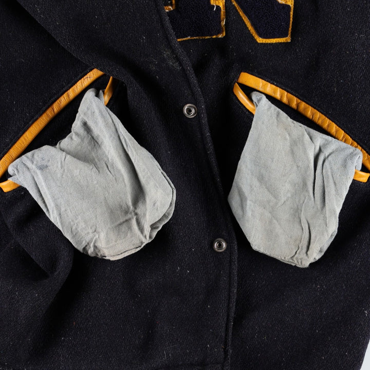 1950s-1960'S R. Sherman Collared Leather Sleeve Wool Button Varsity Jacket (Men's Size L) Vintage unclear black type Vintage Second Hand