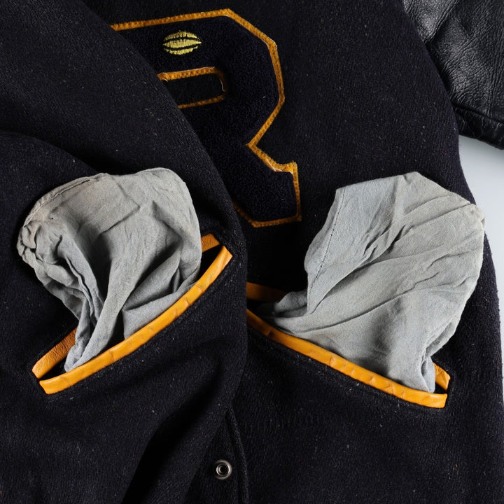1950s-1960'S R. Sherman Collared Leather Sleeve Wool Button Varsity Jacket (Men's Size L) Vintage unclear black type Vintage Second Hand