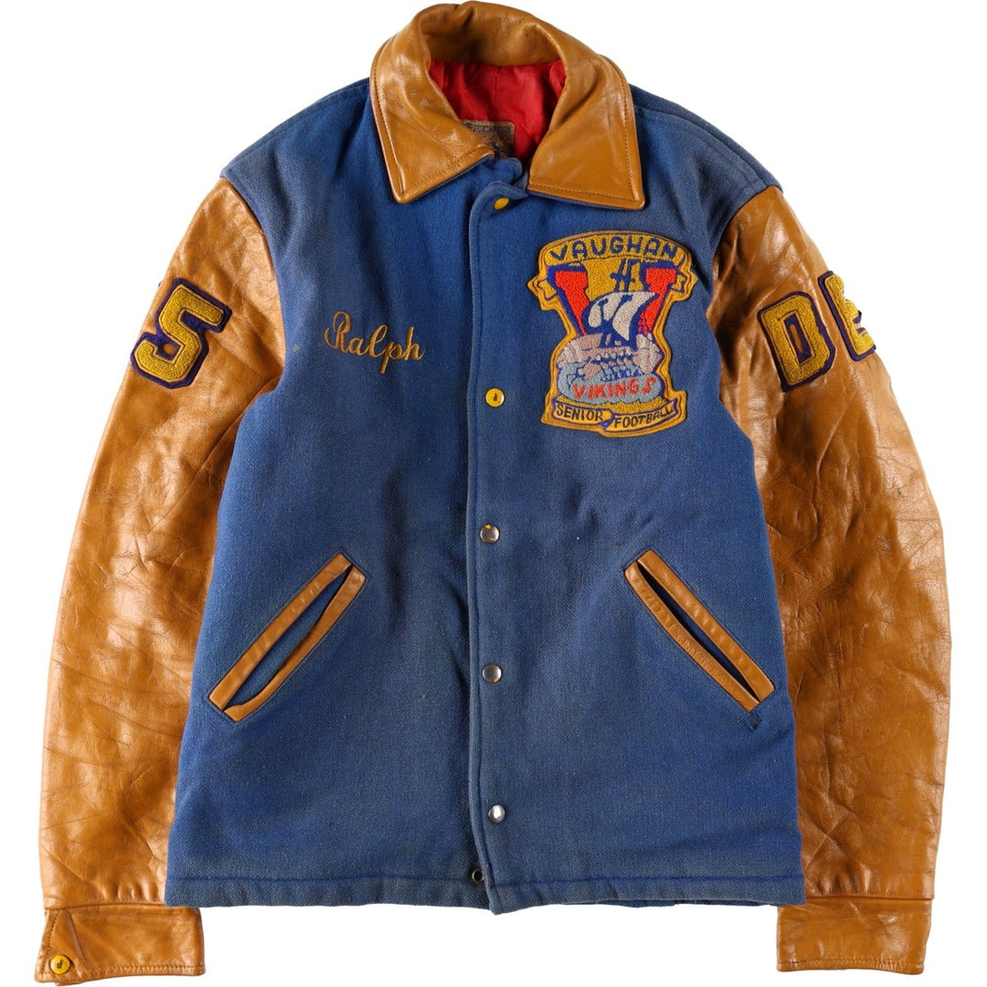 1970'S AVON SPORTSWEAR Collared, Padded, Two-Tone, Leather Sleeve Wool Button-Up Varsity Jacket, Men's Size L (Equivalent), Vintage wool blue type Vintage Second Hand