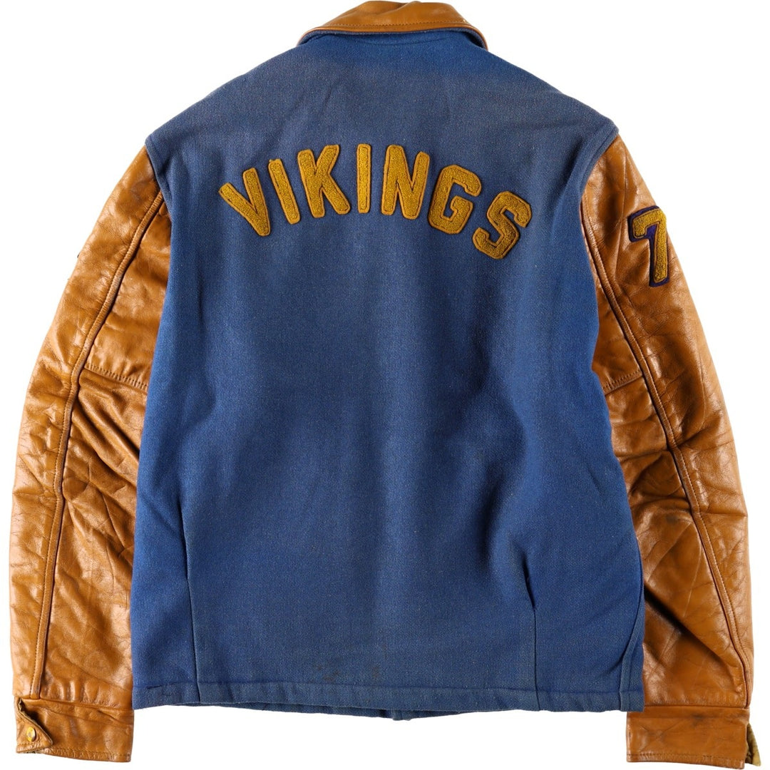 1970'S AVON SPORTSWEAR Collared, Padded, Two-Tone, Leather Sleeve Wool Button-Up Varsity Jacket, Men's Size L (Equivalent), Vintage wool blue type Vintage Second Hand