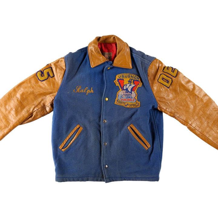 1970'S AVON SPORTSWEAR Collared, Padded, Two-Tone, Leather Sleeve Wool Button-Up Varsity Jacket, Men's Size L (Equivalent), Vintage wool blue type Vintage Second Hand