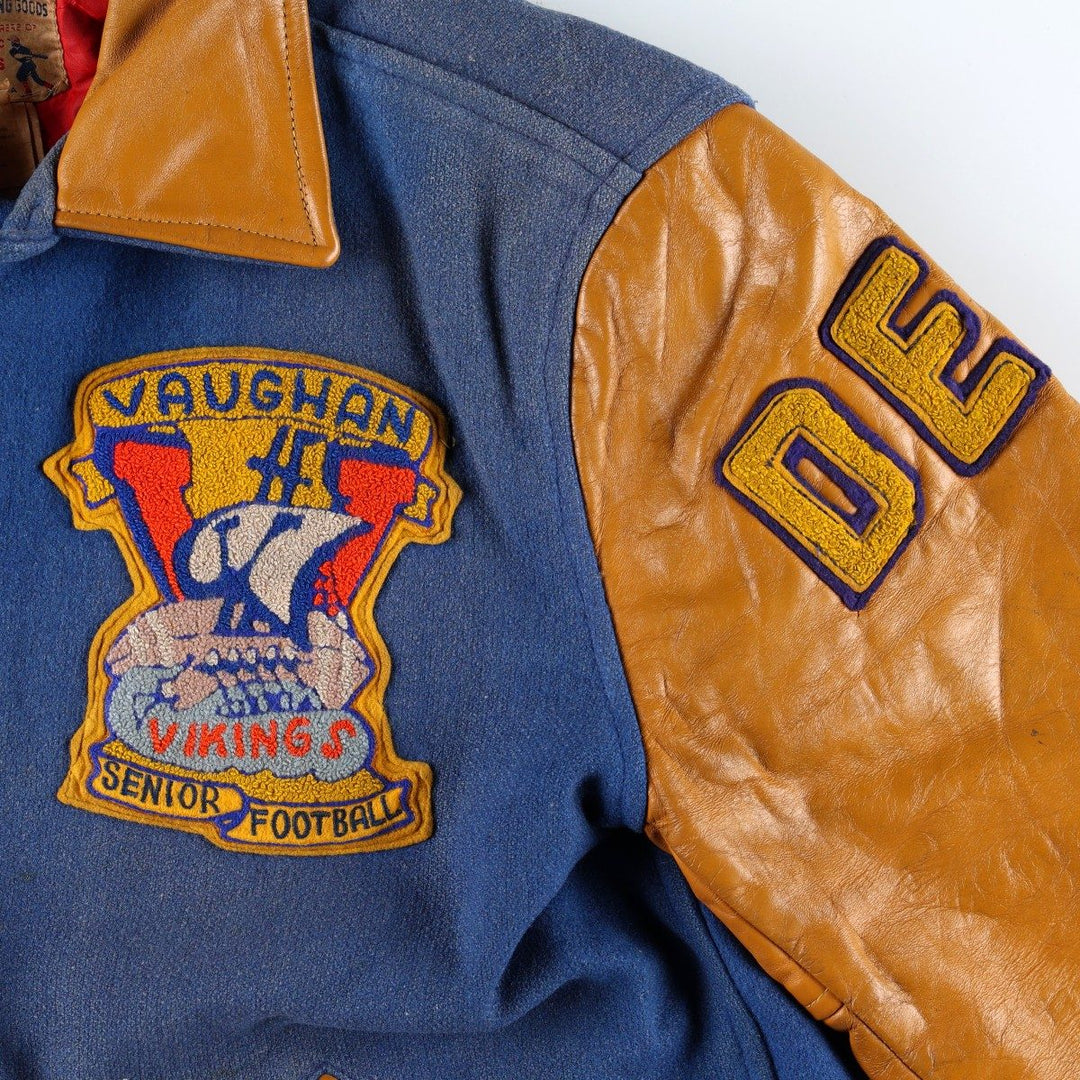 1970'S AVON SPORTSWEAR Collared, Padded, Two-Tone, Leather Sleeve Wool Button-Up Varsity Jacket, Men's Size L (Equivalent), Vintage wool blue type Vintage Second Hand