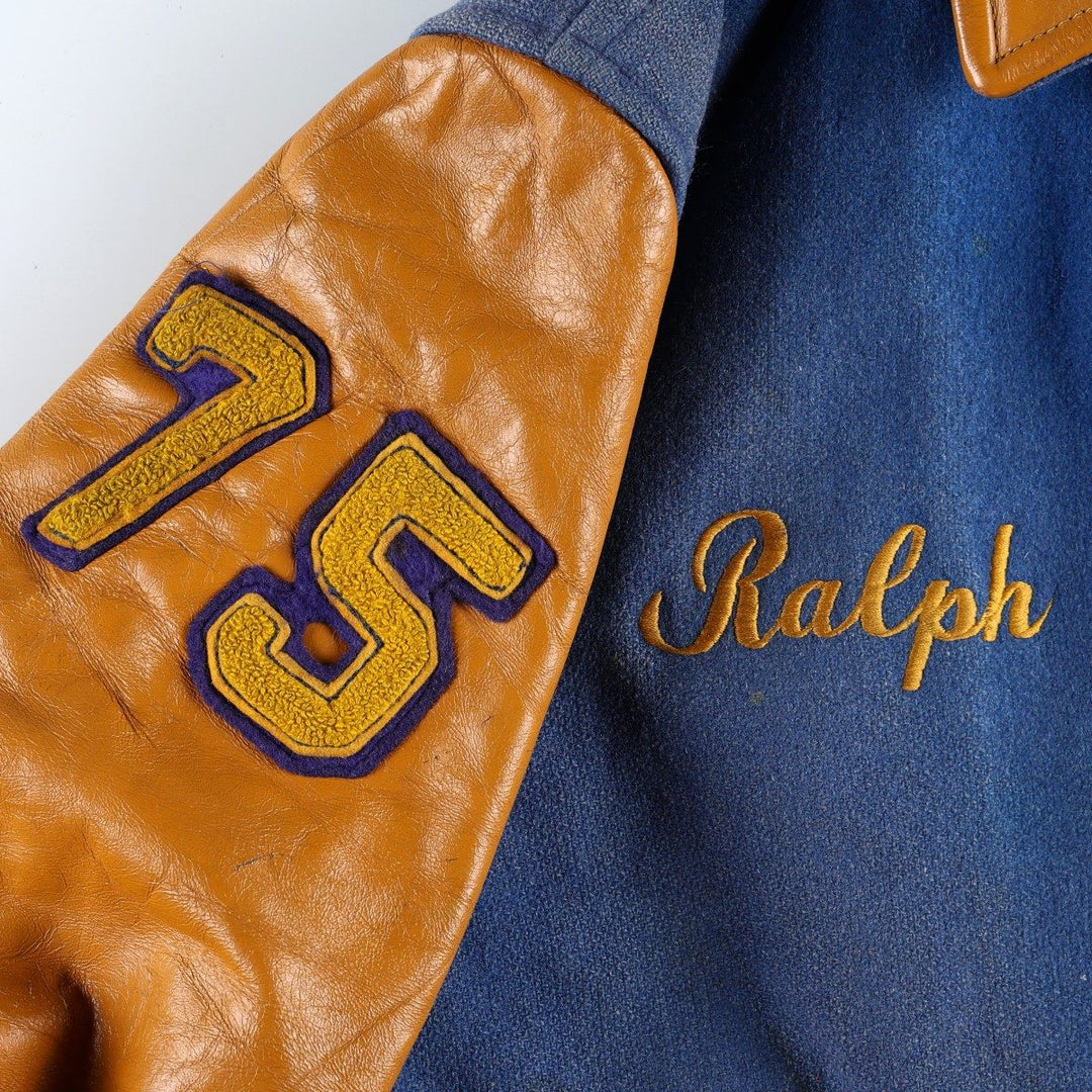 1970'S AVON SPORTSWEAR Collared, Padded, Two-Tone, Leather Sleeve Wool Button-Up Varsity Jacket, Men's Size L (Equivalent), Vintage wool blue type Vintage Second Hand