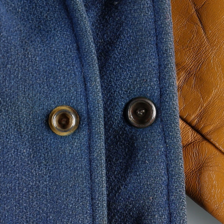 1970'S AVON SPORTSWEAR Collared, Padded, Two-Tone, Leather Sleeve Wool Button-Up Varsity Jacket, Men's Size L (Equivalent), Vintage wool blue type Vintage Second Hand
