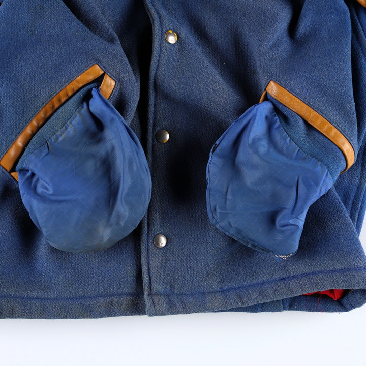 1970'S AVON SPORTSWEAR Collared, Padded, Two-Tone, Leather Sleeve Wool Button-Up Varsity Jacket, Men's Size L (Equivalent), Vintage wool blue type Vintage Second Hand