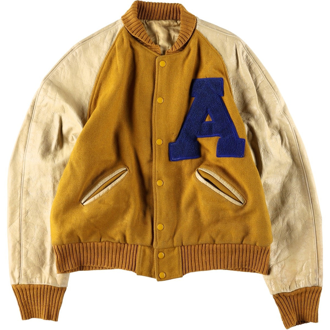 1960'S HOWE Leather Sleeve Wool Button Varsity Jacket, Men's Size L (approx.), Vintage Two-Tone Recycled wool ocher yellow type Vintage Second Hand