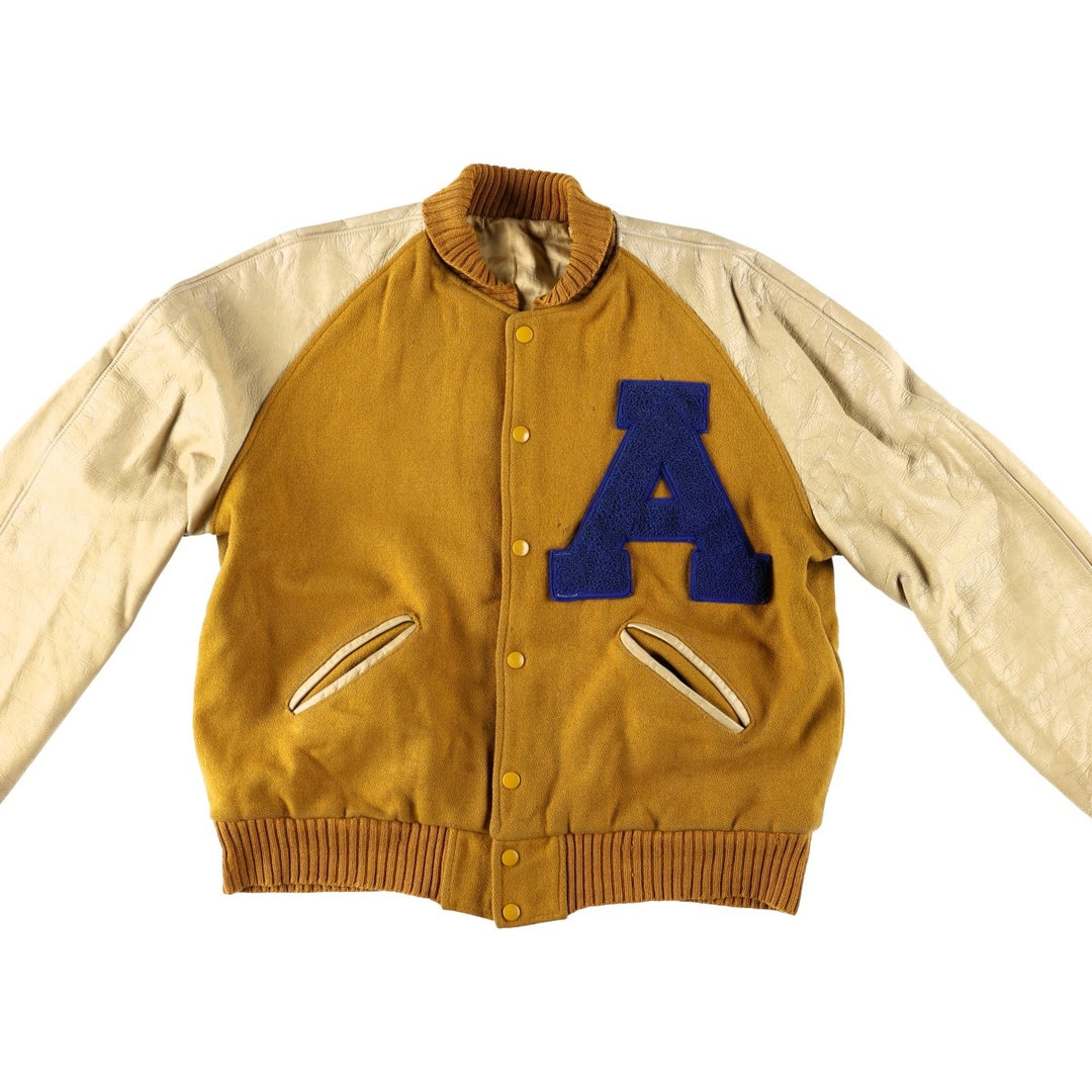 1960'S HOWE Leather Sleeve Wool Button Varsity Jacket, Men's Size L (approx.), Vintage Two-Tone Recycled wool ocher yellow type Vintage Second Hand