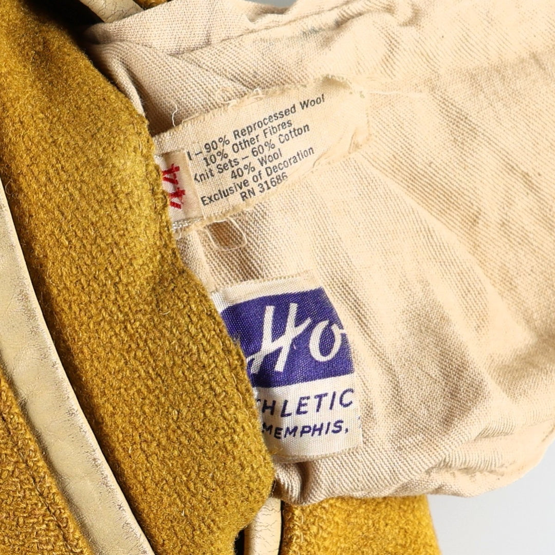 1960'S HOWE Leather Sleeve Wool Button Varsity Jacket, Men's Size L (approx.), Vintage Two-Tone Recycled wool ocher yellow type Vintage Second Hand