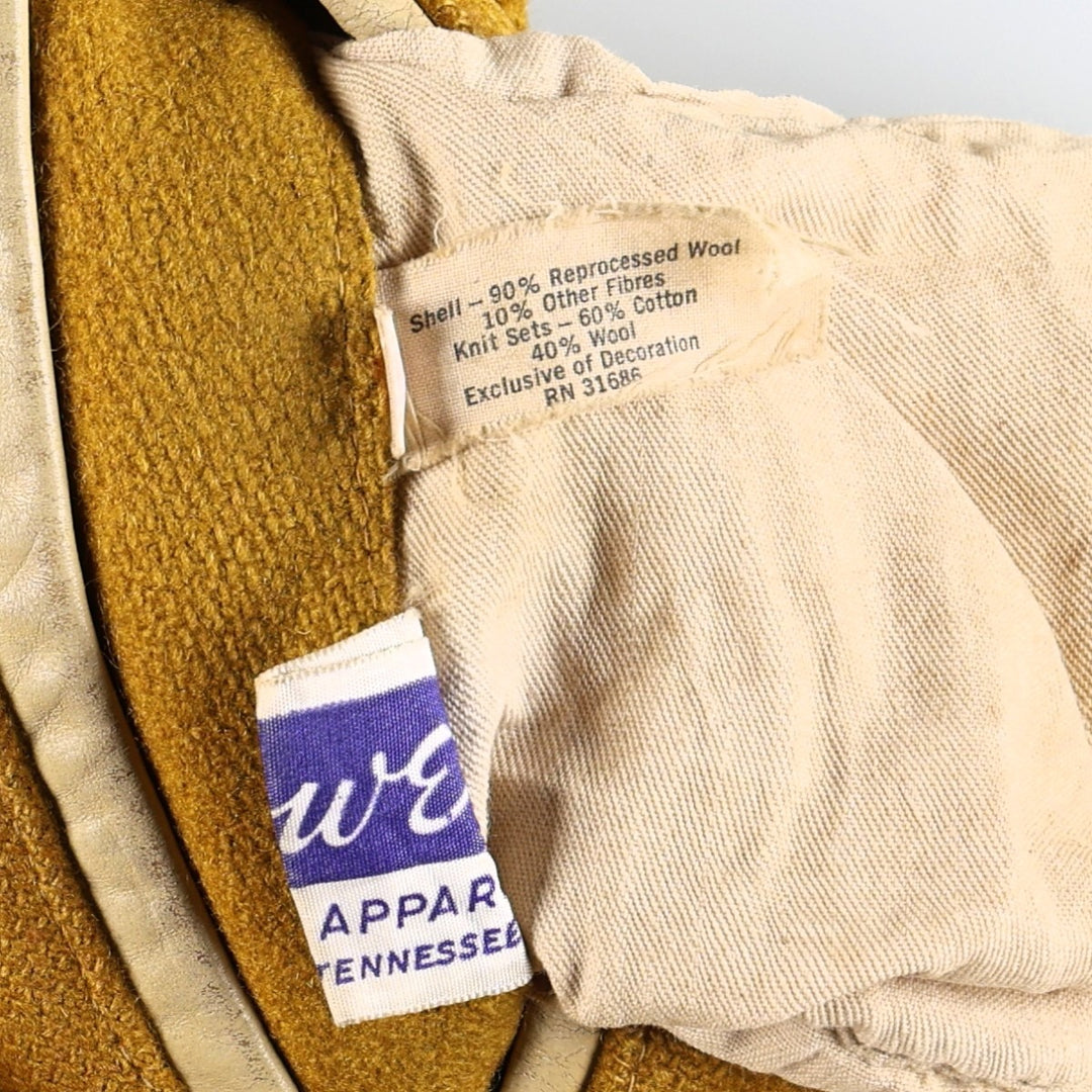 1960'S HOWE Leather Sleeve Wool Button Varsity Jacket, Men's Size L (approx.), Vintage Two-Tone Recycled wool ocher yellow type Vintage Second Hand