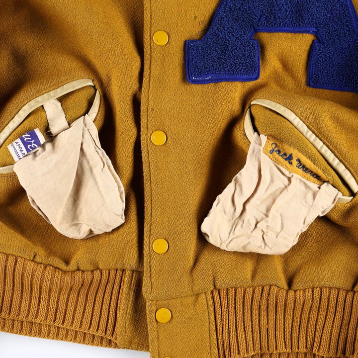 1960'S HOWE Leather Sleeve Wool Button Varsity Jacket, Men's Size L (approx.), Vintage Two-Tone Recycled wool ocher yellow type Vintage Second Hand
