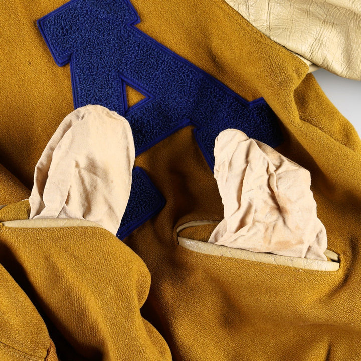 1960'S HOWE Leather Sleeve Wool Button Varsity Jacket, Men's Size L (approx.), Vintage Two-Tone Recycled wool ocher yellow type Vintage Second Hand