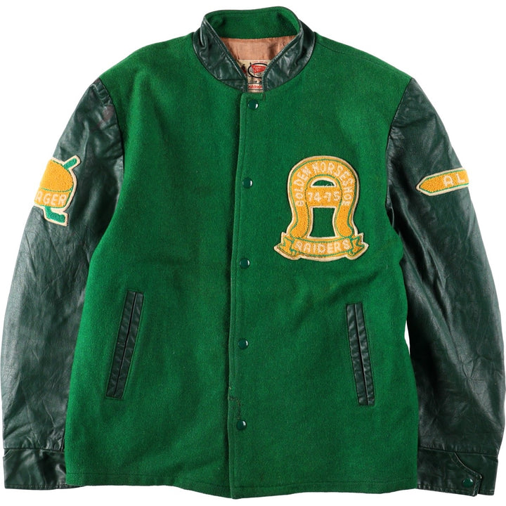70'S OUTDOOR OUTFITS Leather Sleeve Wool Button Varsity Jacket, Men's Size L (Equivalent), Vintage unclear green type Vintage Second Hand