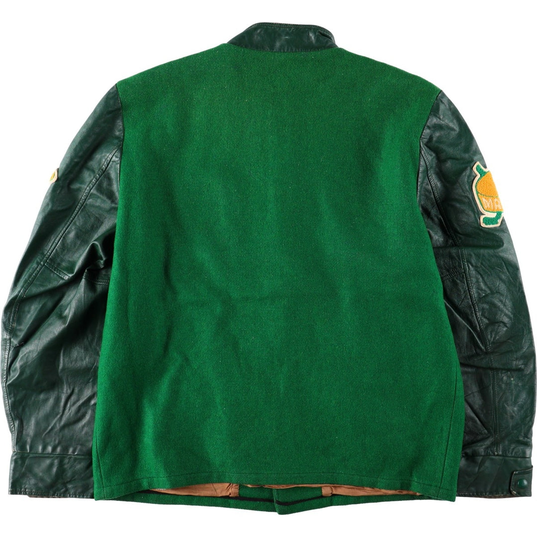 70'S OUTDOOR OUTFITS Leather Sleeve Wool Button Varsity Jacket, Men's Size L (Equivalent), Vintage unclear green type Vintage Second Hand