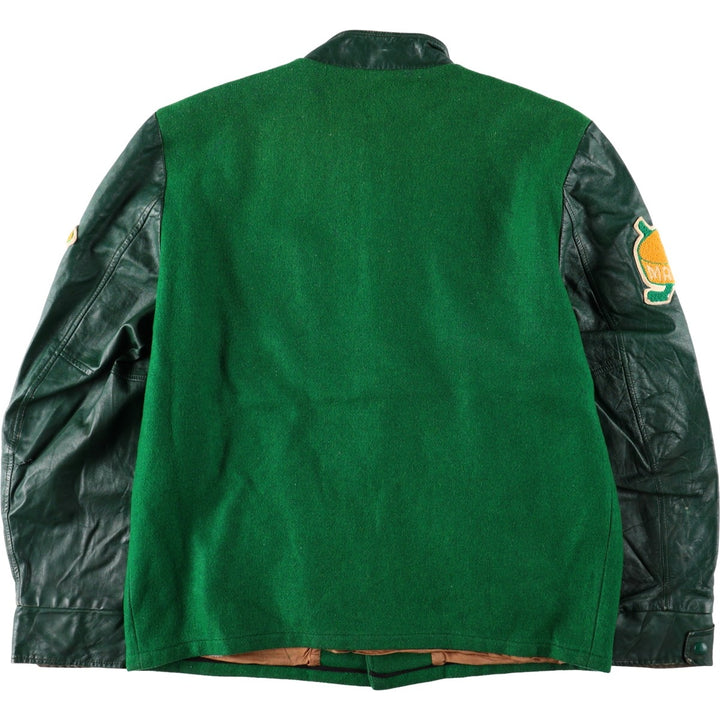 70'S OUTDOOR OUTFITS Leather Sleeve Wool Button Varsity Jacket, Men's Size L (Equivalent), Vintage unclear green type Vintage Second Hand