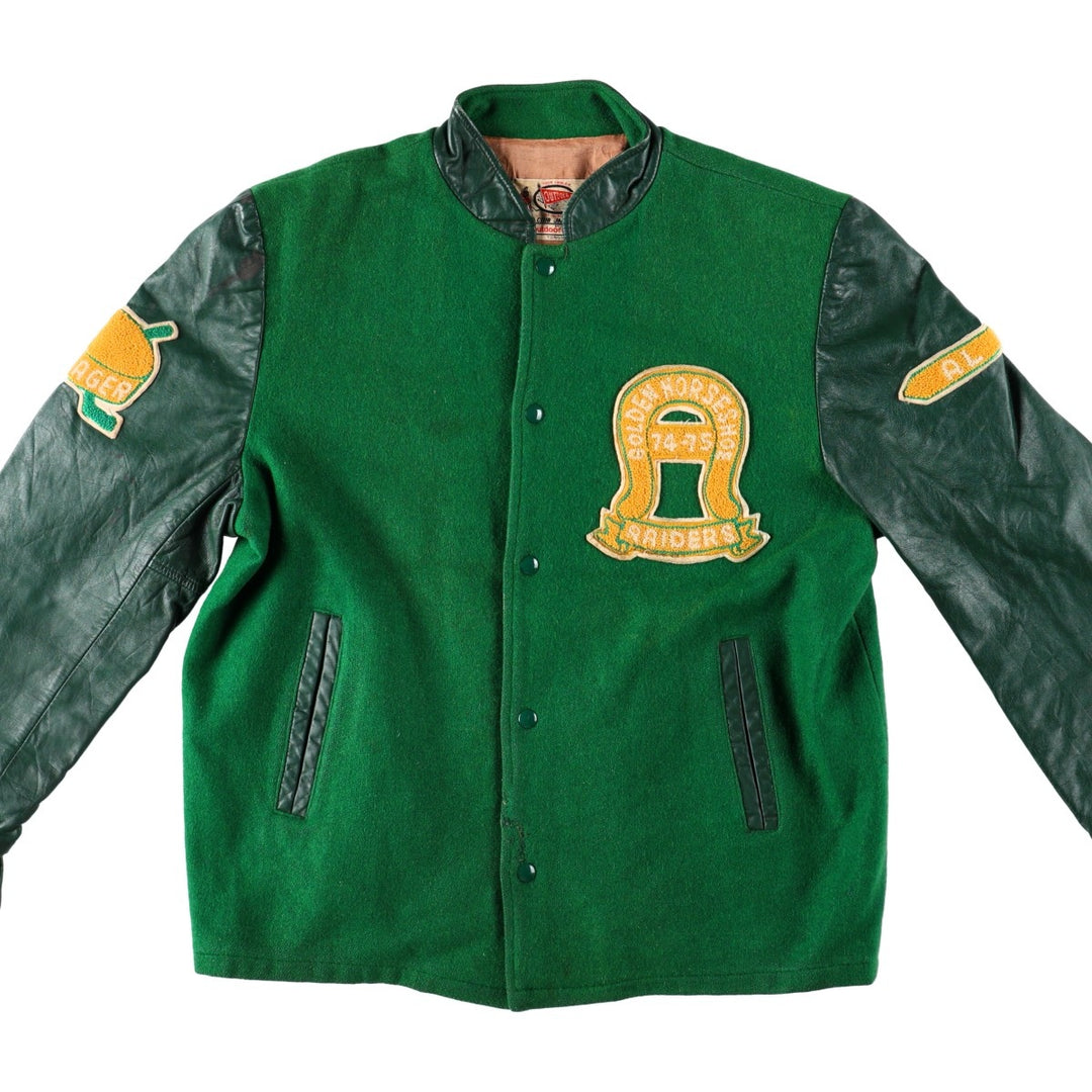70'S OUTDOOR OUTFITS Leather Sleeve Wool Button Varsity Jacket, Men's Size L (Equivalent), Vintage unclear green type Vintage Second Hand