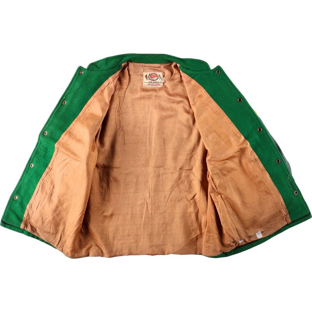 70'S OUTDOOR OUTFITS Leather Sleeve Wool Button Varsity Jacket, Men's Size L (Equivalent), Vintage unclear green type Vintage Second Hand