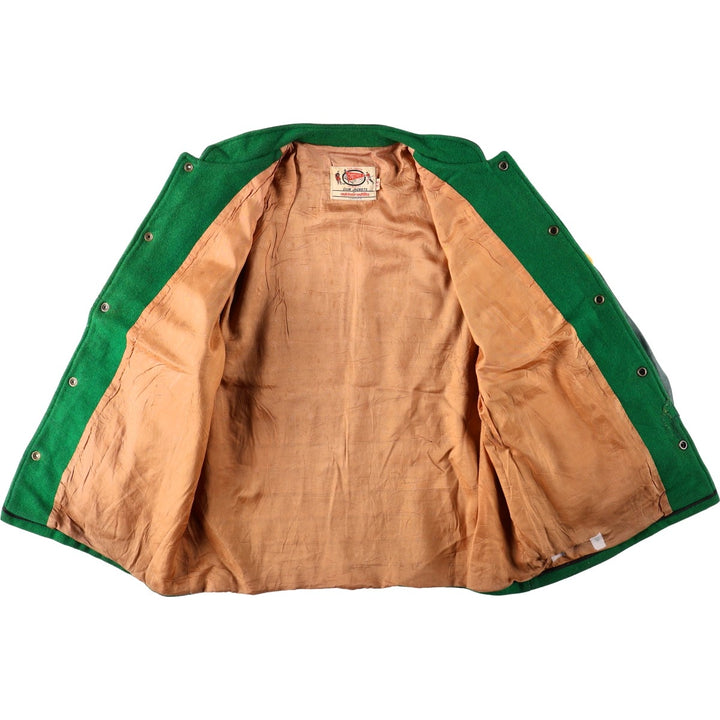 70'S OUTDOOR OUTFITS Leather Sleeve Wool Button Varsity Jacket, Men's Size L (Equivalent), Vintage unclear green type Vintage Second Hand