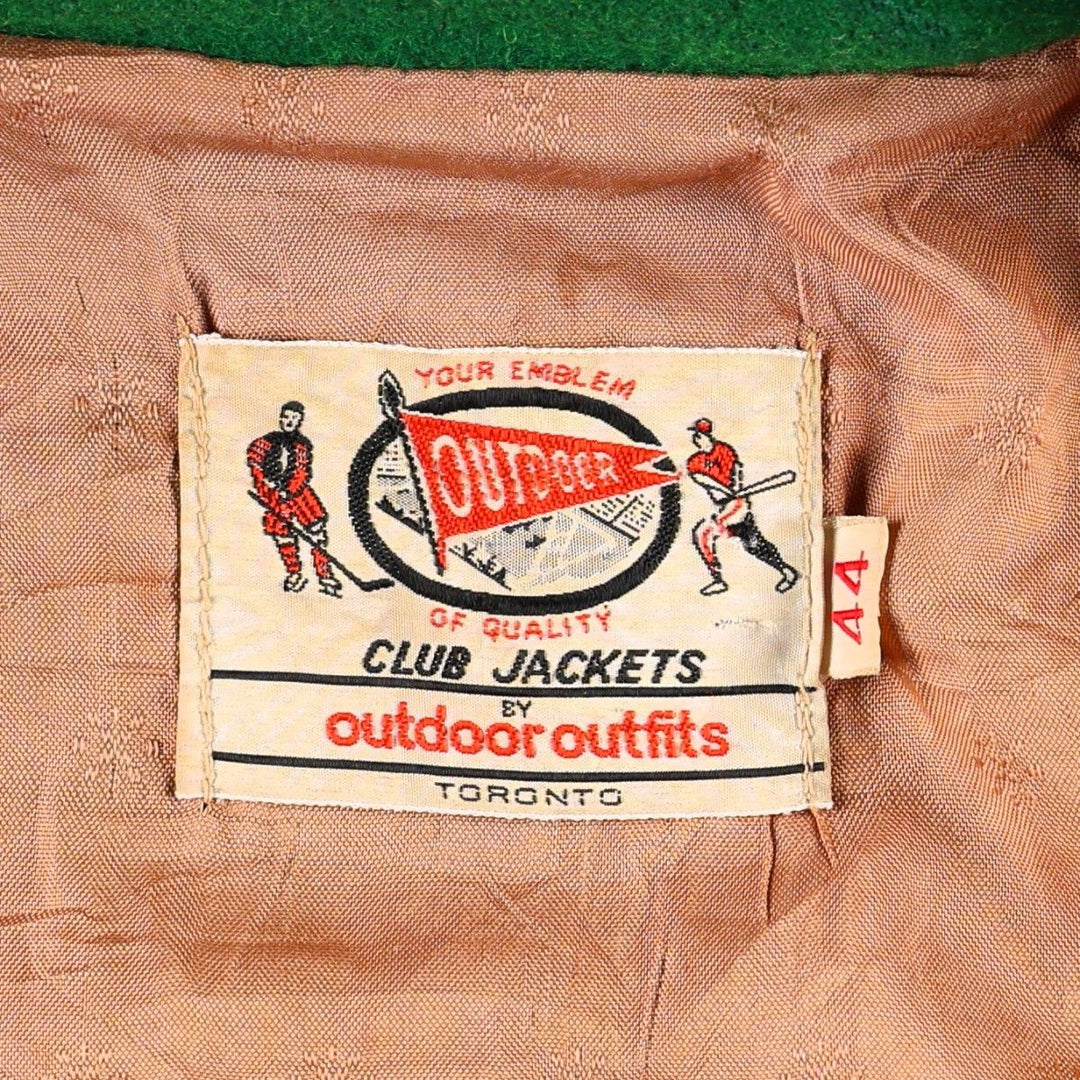70'S OUTDOOR OUTFITS Leather Sleeve Wool Button Varsity Jacket, Men's Size L (Equivalent), Vintage unclear green type Vintage Second Hand