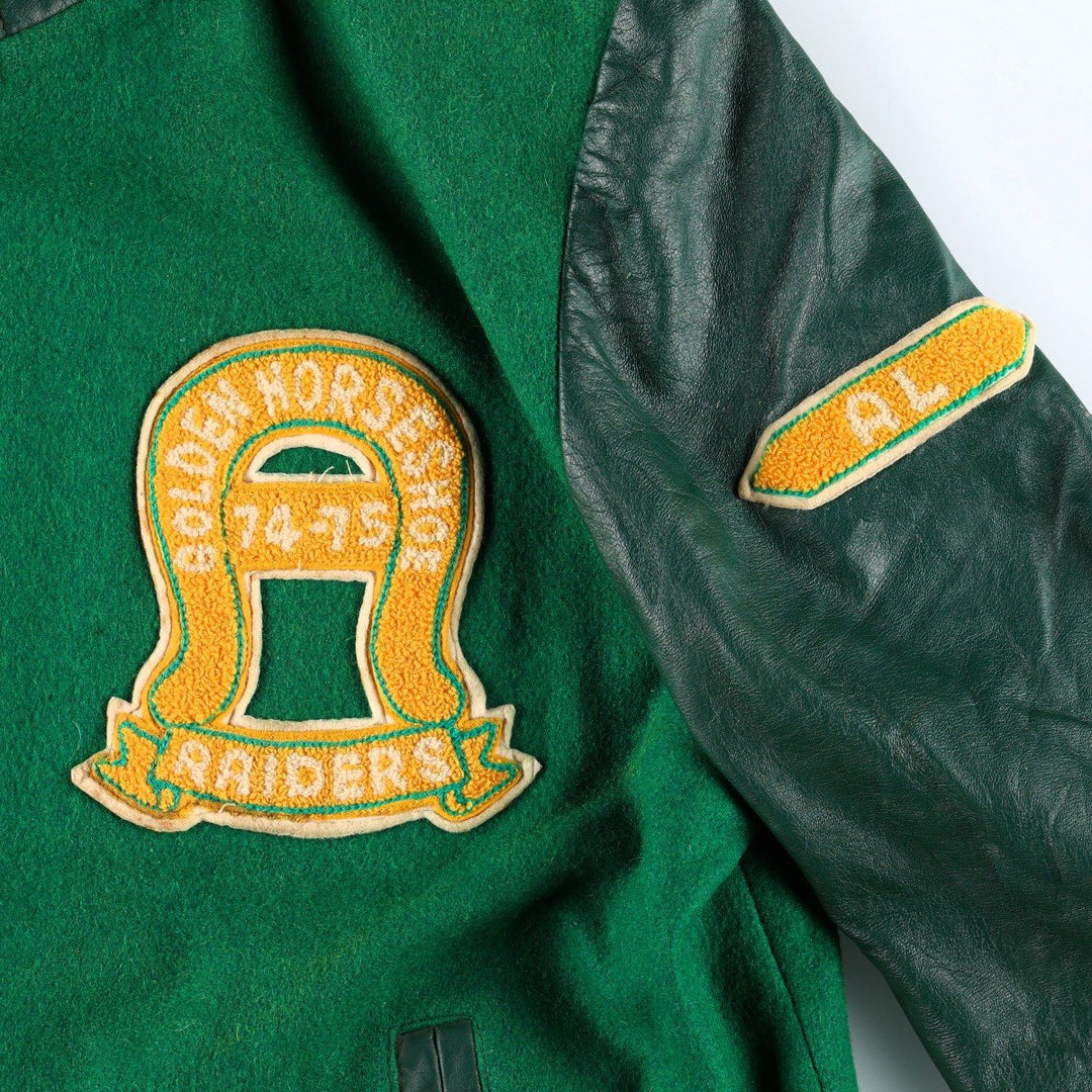 70'S OUTDOOR OUTFITS Leather Sleeve Wool Button Varsity Jacket, Men's Size L (Equivalent), Vintage unclear green type Vintage Second Hand