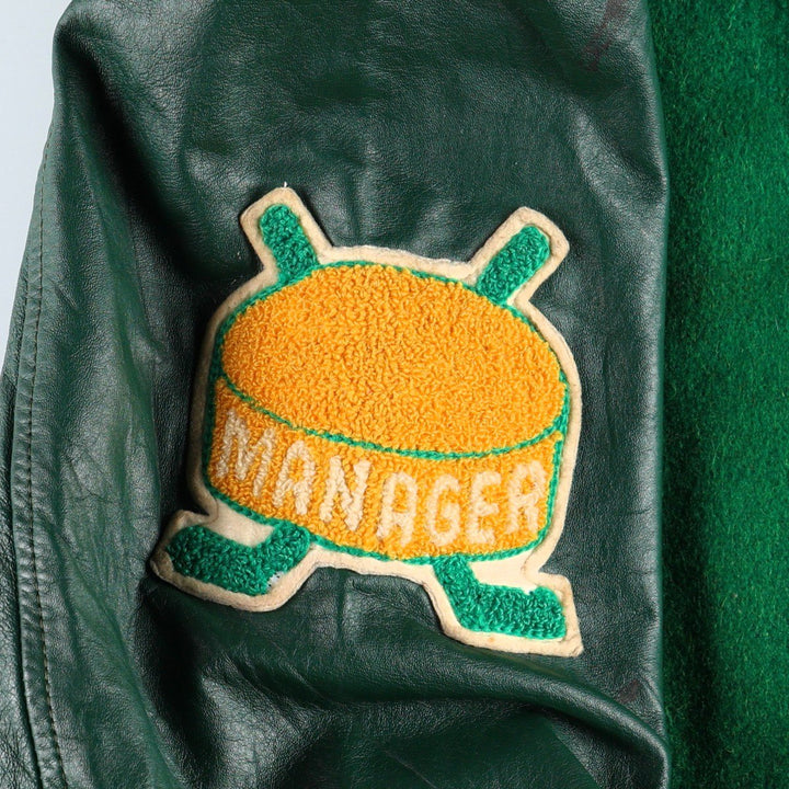70'S OUTDOOR OUTFITS Leather Sleeve Wool Button Varsity Jacket, Men's Size L (Equivalent), Vintage unclear green type Vintage Second Hand