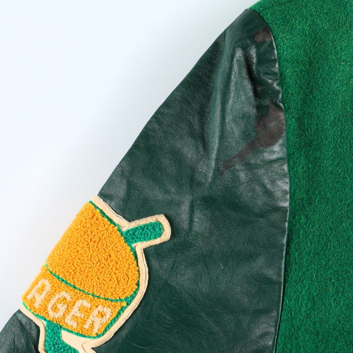70'S OUTDOOR OUTFITS Leather Sleeve Wool Button Varsity Jacket, Men's Size L (Equivalent), Vintage unclear green type Vintage Second Hand