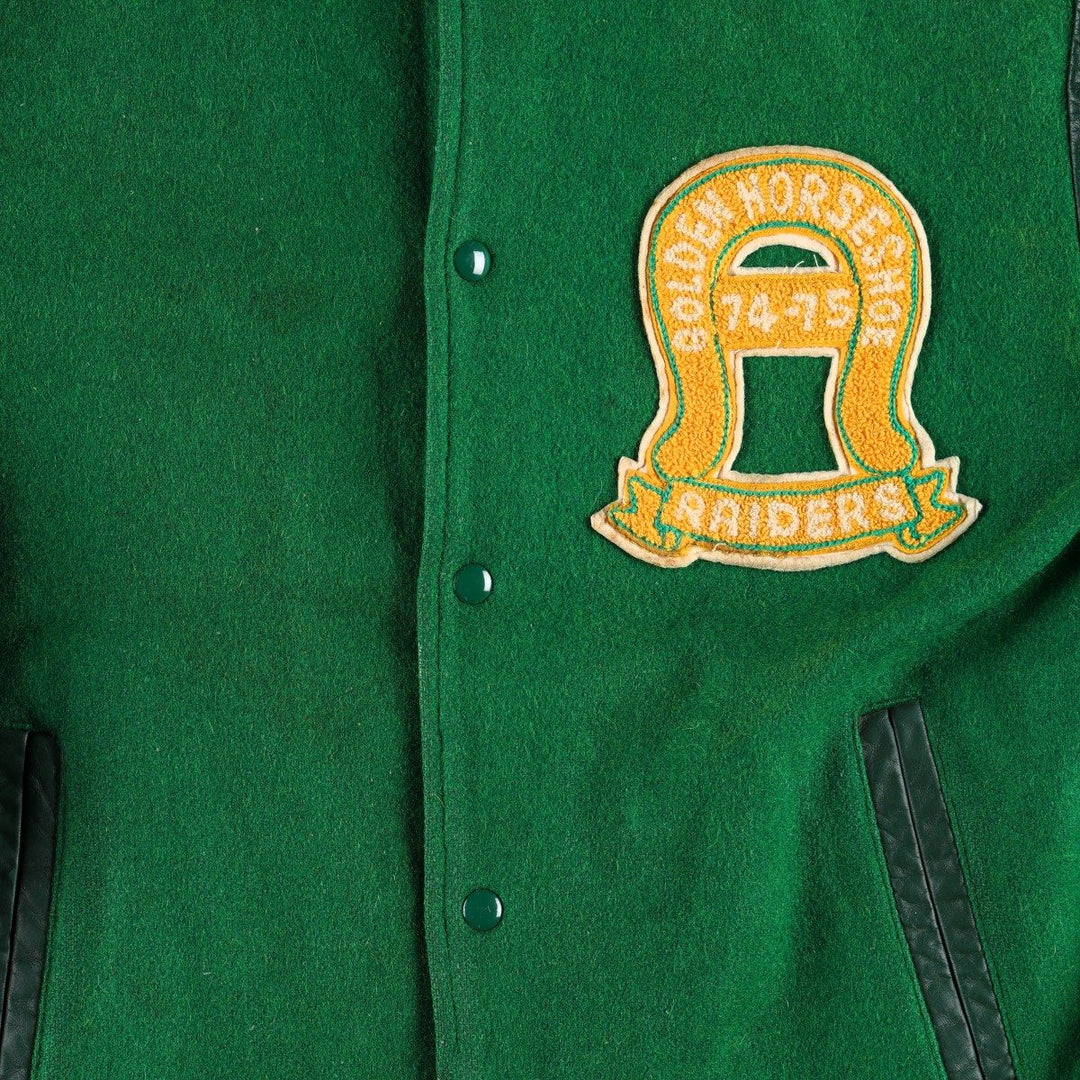 70'S OUTDOOR OUTFITS Leather Sleeve Wool Button Varsity Jacket, Men's Size L (Equivalent), Vintage unclear green type Vintage Second Hand