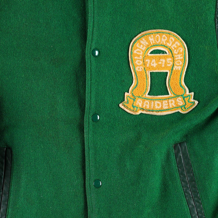 70'S OUTDOOR OUTFITS Leather Sleeve Wool Button Varsity Jacket, Men's Size L (Equivalent), Vintage unclear green type Vintage Second Hand
