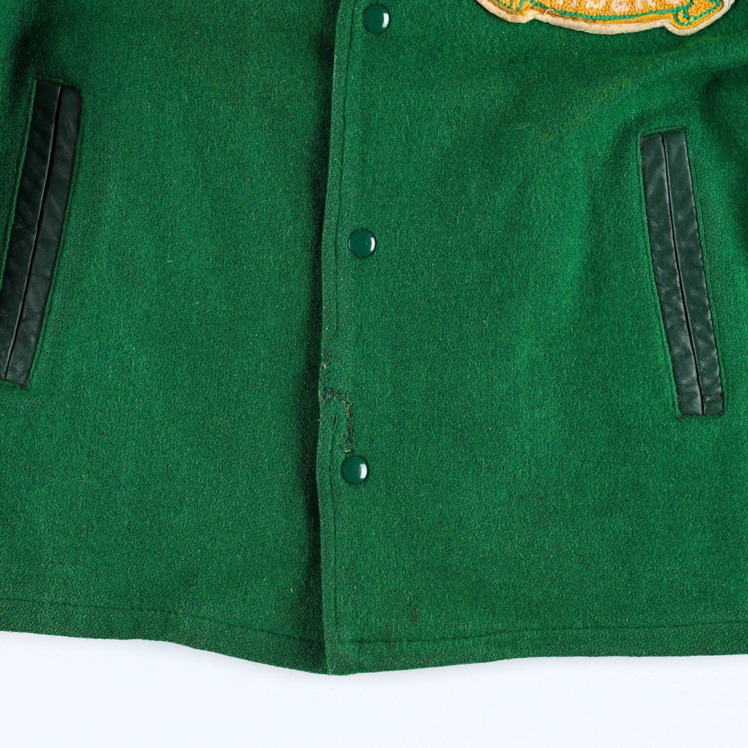 70'S OUTDOOR OUTFITS Leather Sleeve Wool Button Varsity Jacket, Men's Size L (Equivalent), Vintage unclear green type Vintage Second Hand