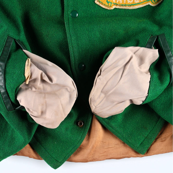 70'S OUTDOOR OUTFITS Leather Sleeve Wool Button Varsity Jacket, Men's Size L (Equivalent), Vintage unclear green type Vintage Second Hand