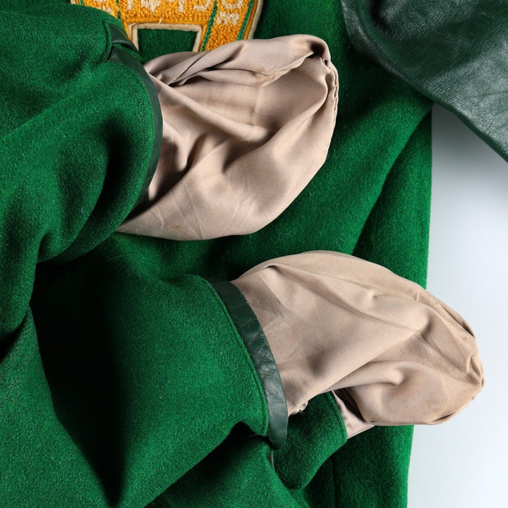 70'S OUTDOOR OUTFITS Leather Sleeve Wool Button Varsity Jacket, Men's Size L (Equivalent), Vintage unclear green type Vintage Second Hand