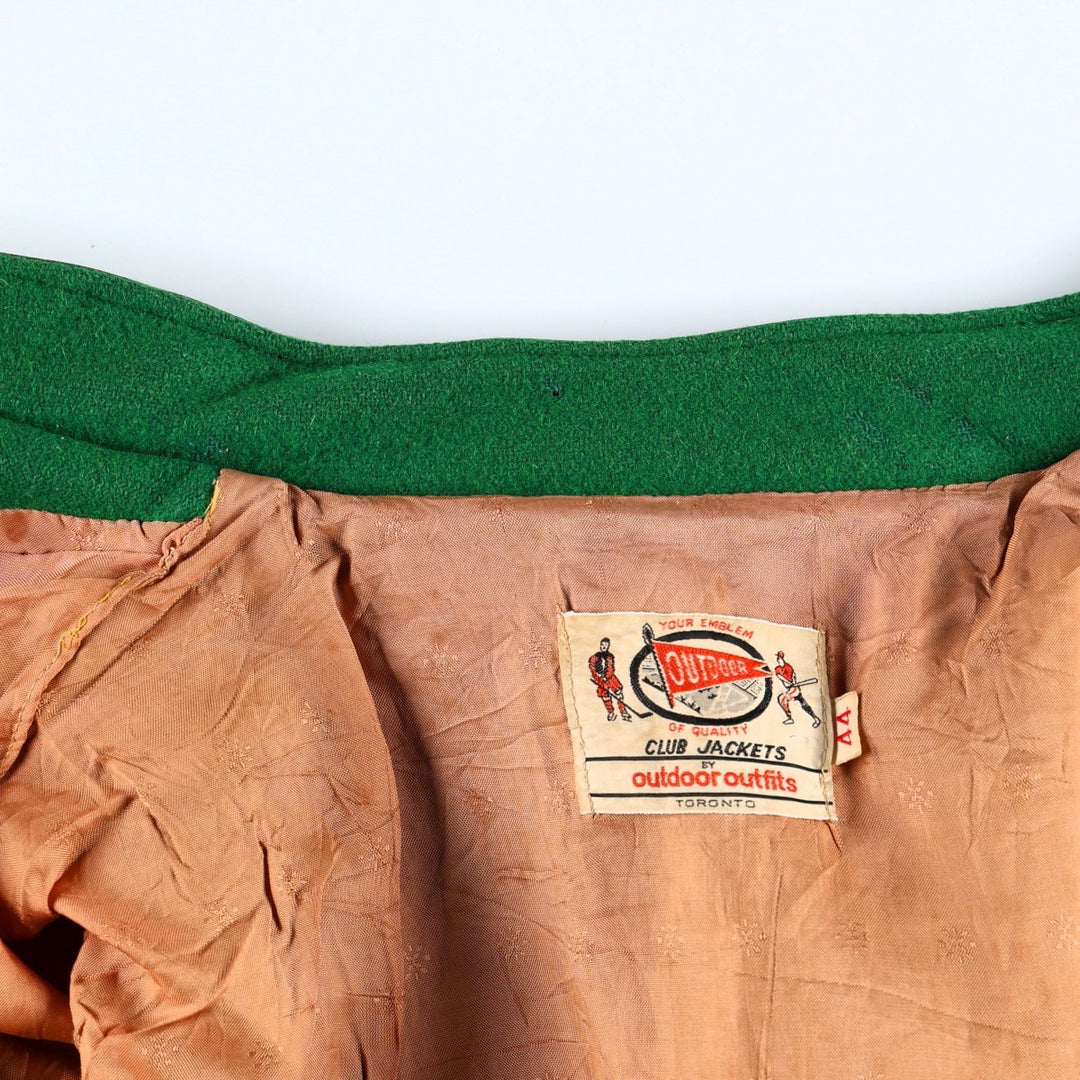 70'S OUTDOOR OUTFITS Leather Sleeve Wool Button Varsity Jacket, Men's Size L (Equivalent), Vintage unclear green type Vintage Second Hand