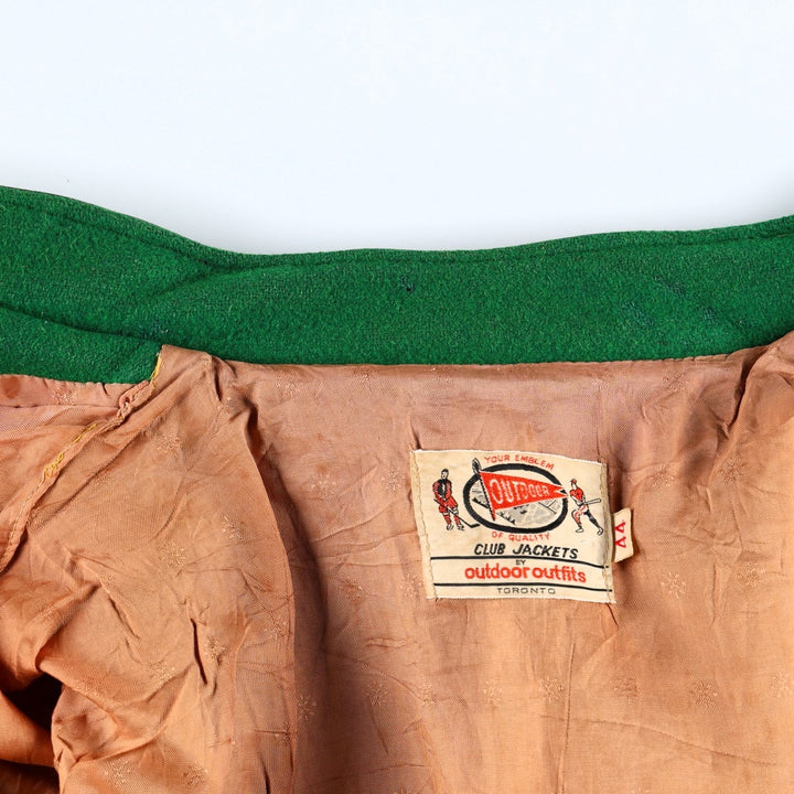70'S OUTDOOR OUTFITS Leather Sleeve Wool Button Varsity Jacket, Men's Size L (Equivalent), Vintage unclear green type Vintage Second Hand